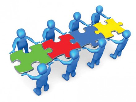Royalty-free 3d computer generated clipart picture image of a team of 8 blue people holding up connected pieces to a colorful puzzle that spells out "team," symbolizing excellent teamwork, success and link exchanging.